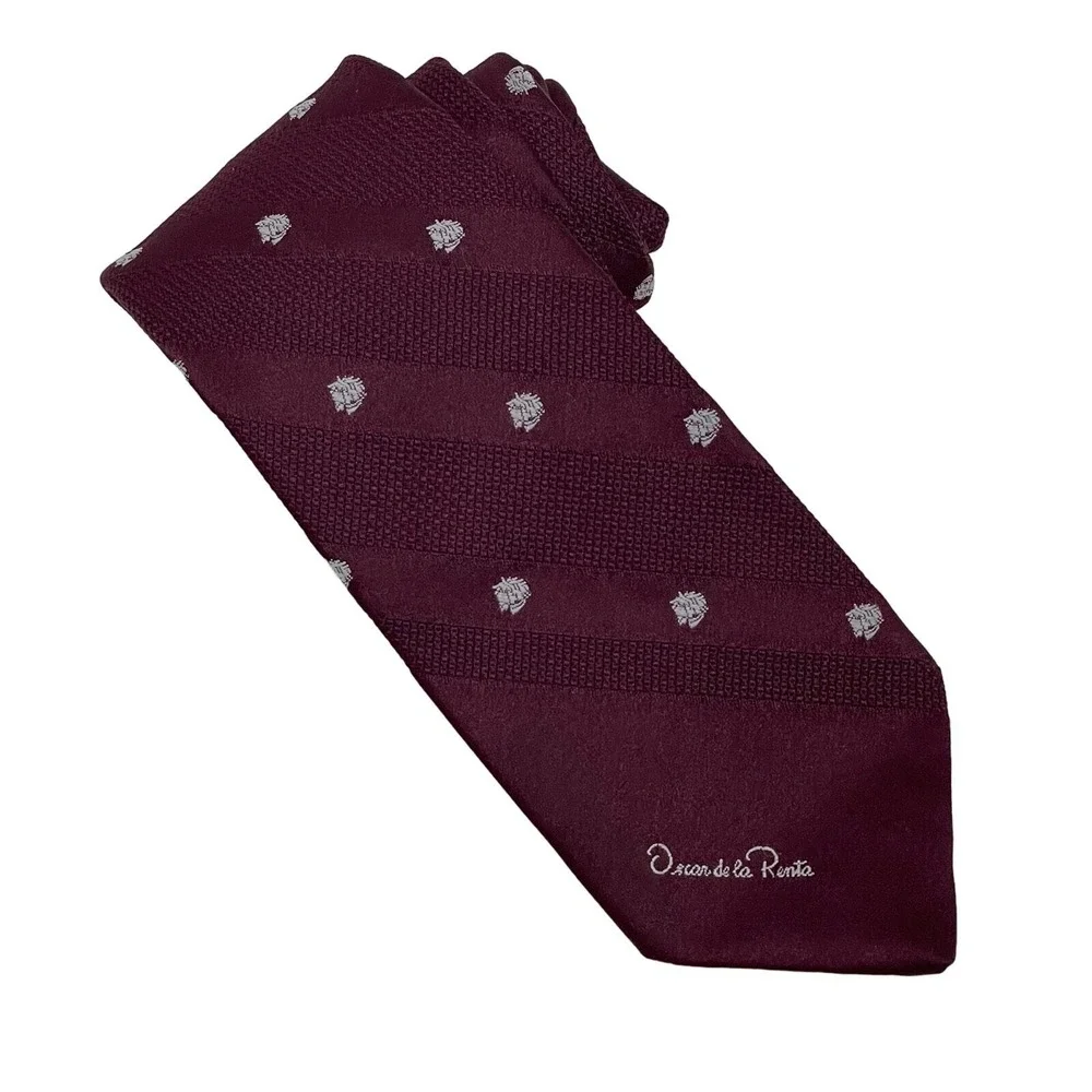 Oscar de la Renta Couture Necktie Maroon White Horse Head‎ Signature Logo Print